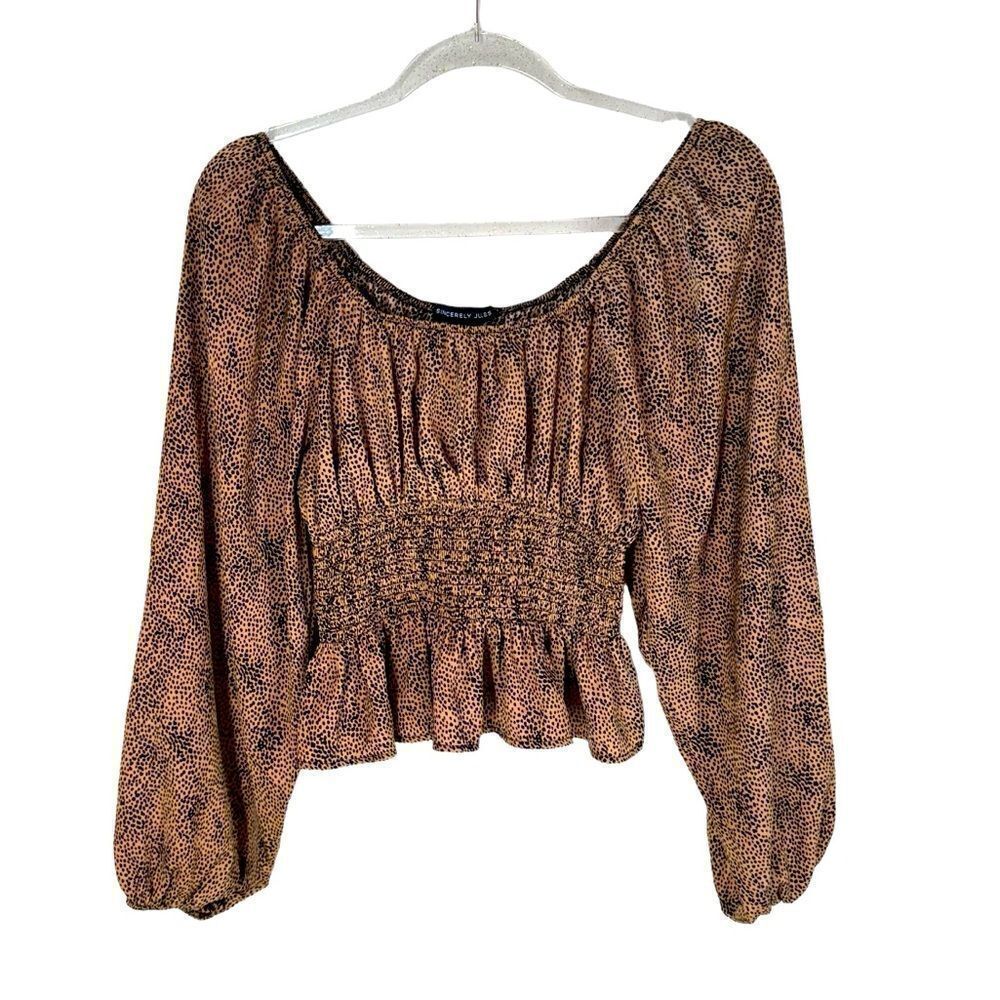Sincerely Jules Animal Print Peasant Blouse Smocking Peplum in Brown Black M